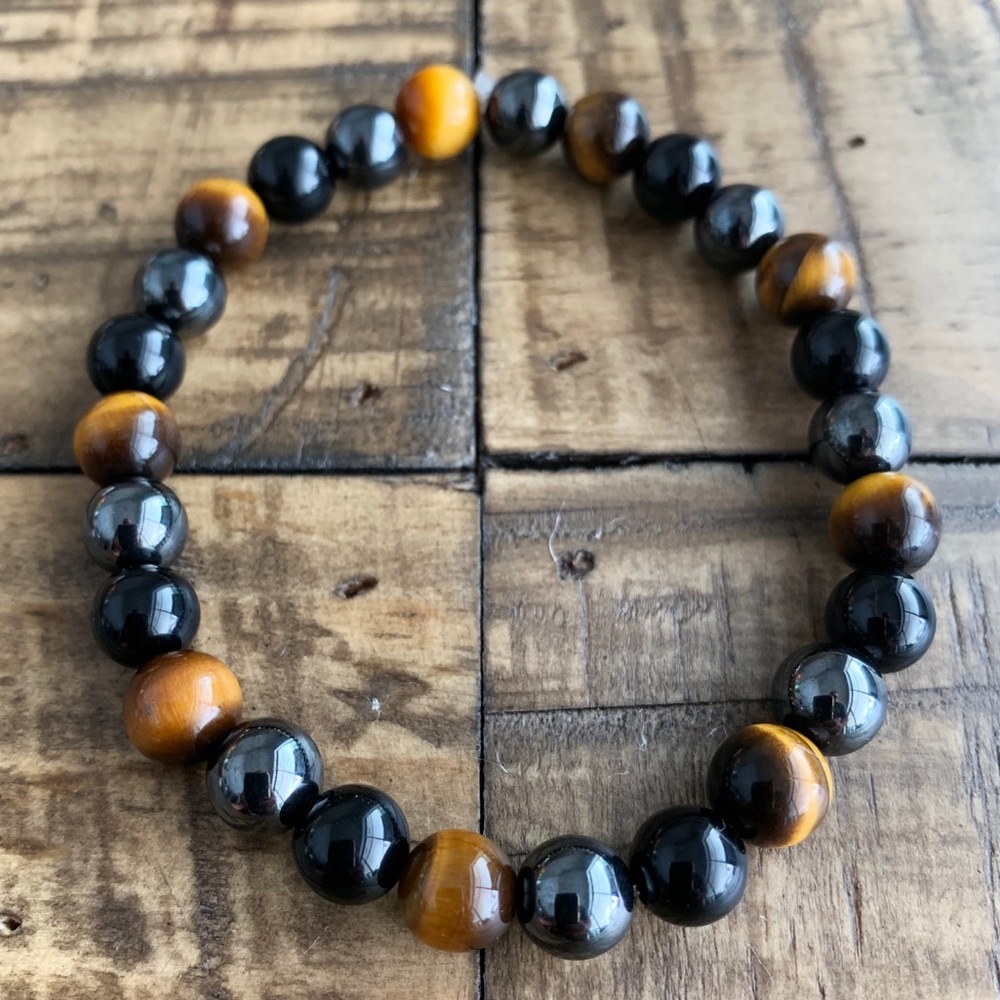 8mm Tiger Eye - Black Onyx - Hematite Bracelet - Picture 2 of 11